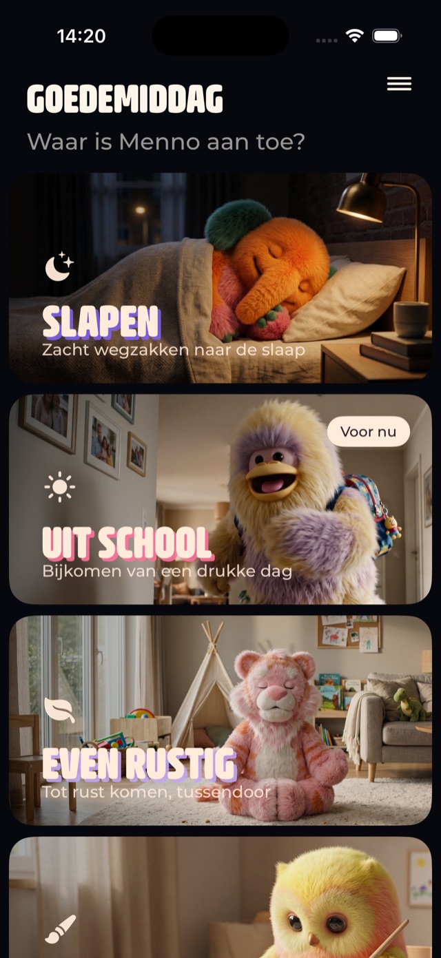 Het startscherm van de Fuzzie Friends-app