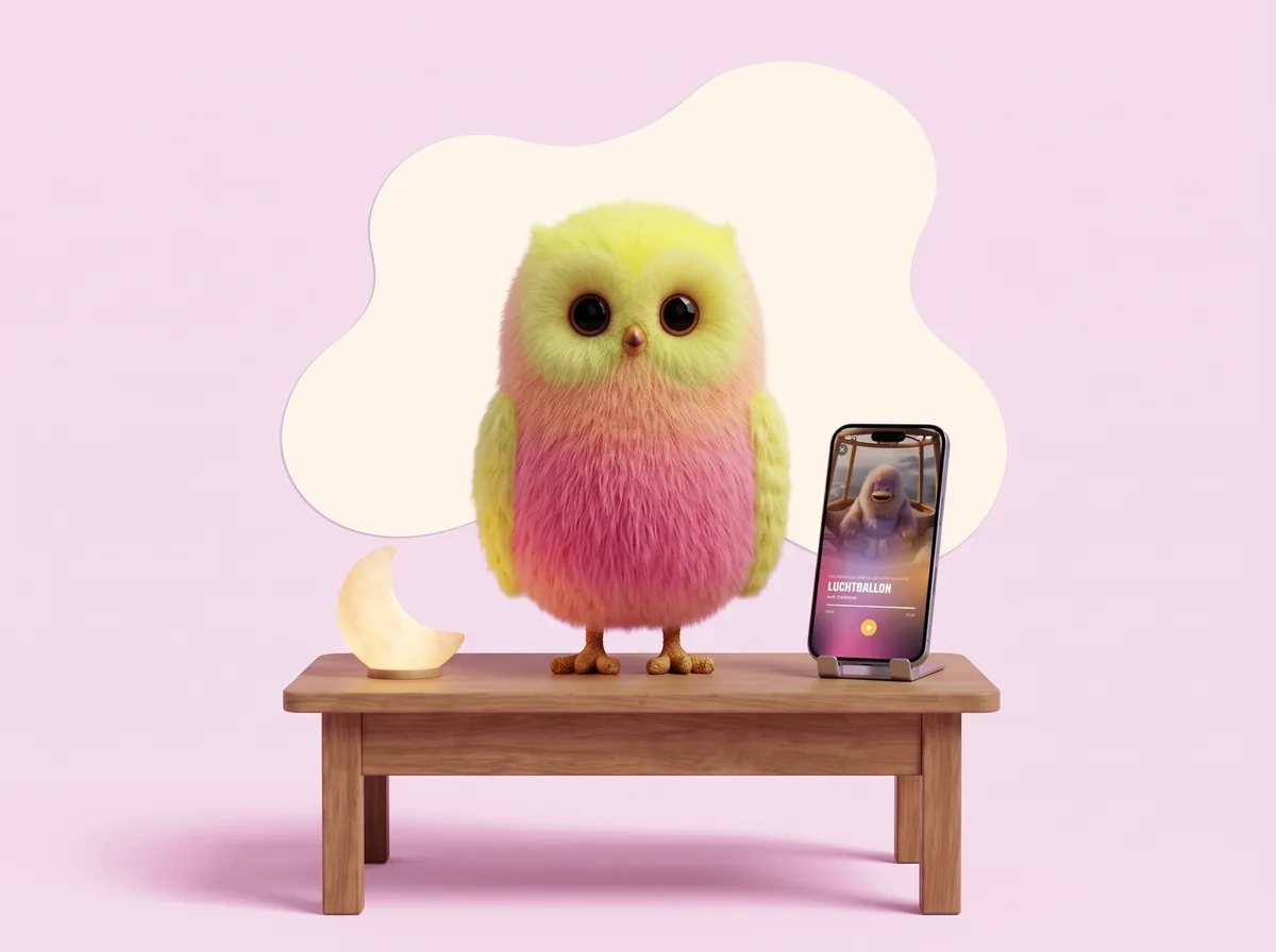 Owl staat op een tafeltje naast de telefoon met een luisterverhaal in de Fuzzie Chill-app en een maanlampje