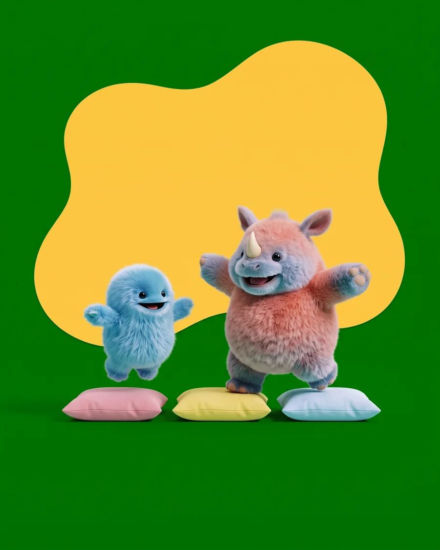 Rino en Beep springen over een rijtje kussens op de vloer